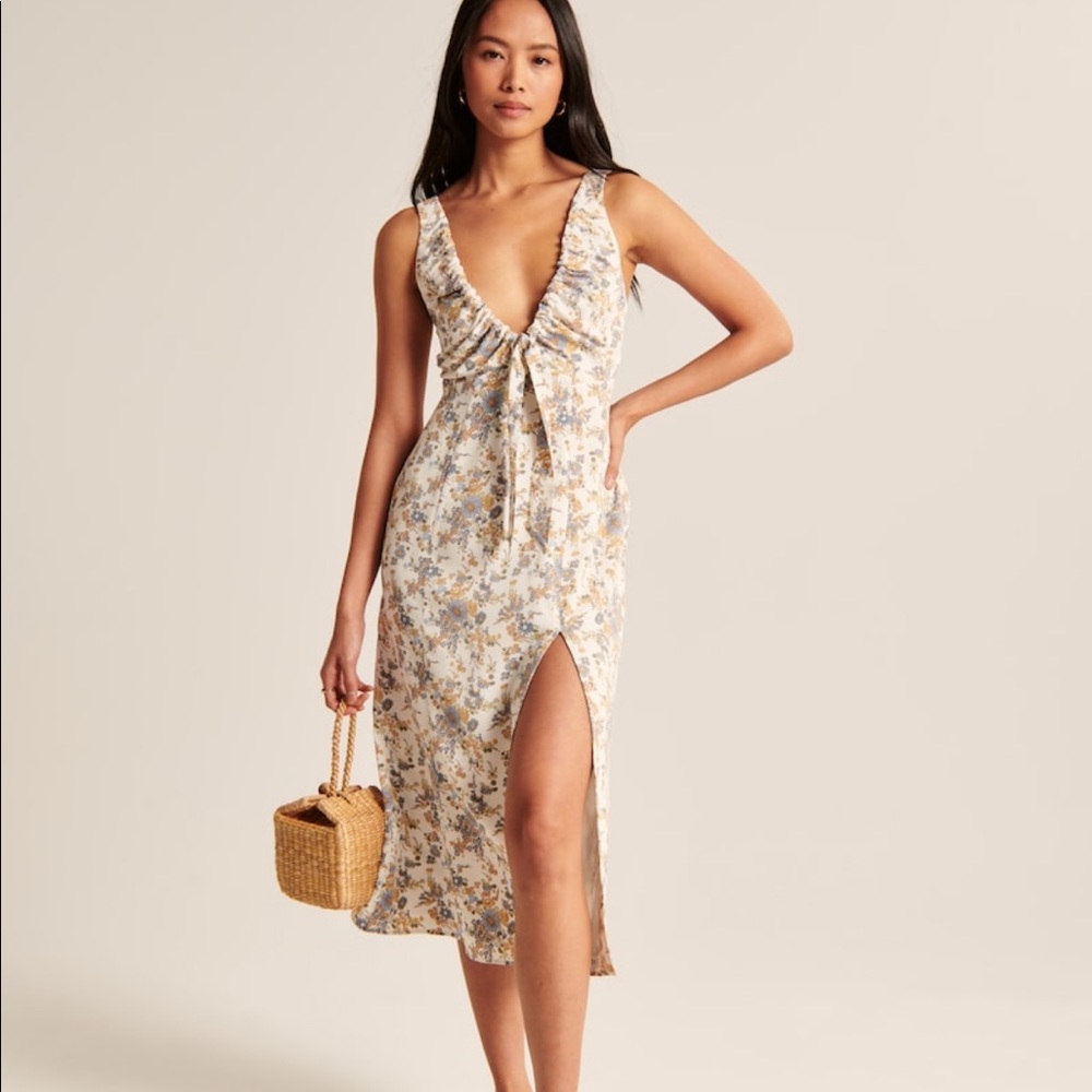 Abercrombie & Fitch Cinched Neck Slip Midi Dress